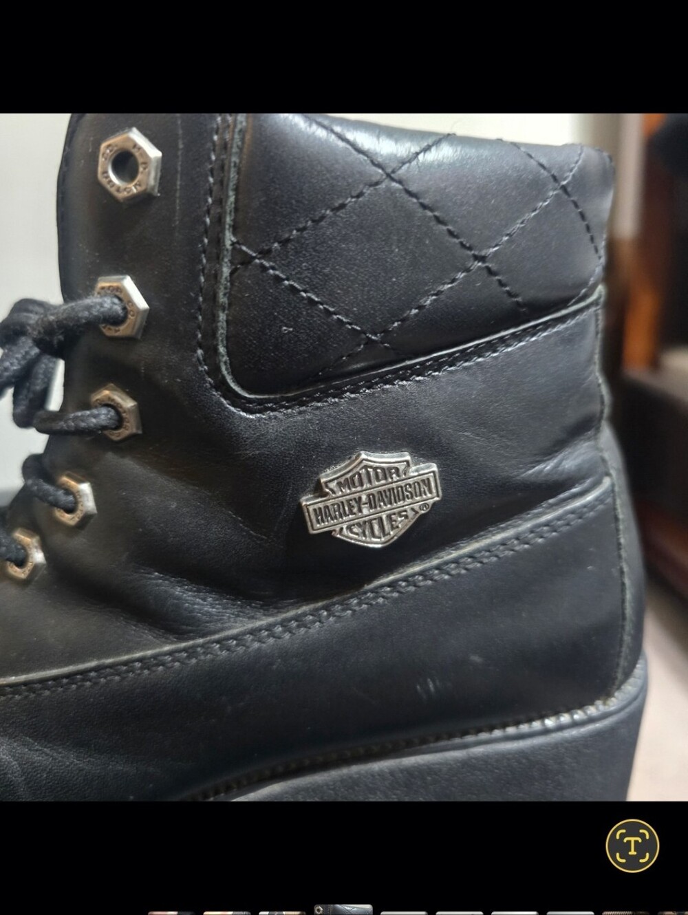 Harley-Davidson Black Lace-Up Quilted Collar Leather Boots - Picture 4 of 7